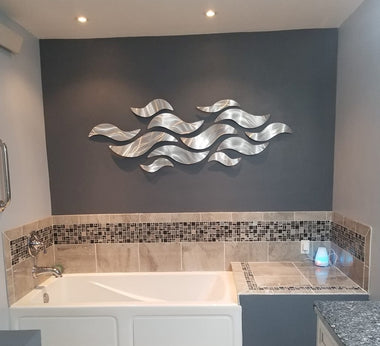"Silver Surf" Large Metal Wall Art Sculpture with Abstract Wave Design by Brian Jones