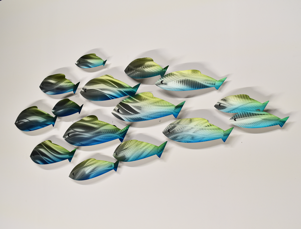 "Painted Shoal" Metal Wall Sculpture with Abstract Tropical Wave Design by Brian Jones