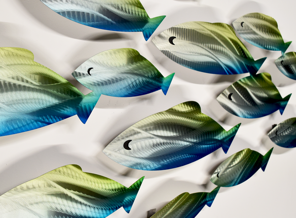 "Painted Shoal" Metal Wall Sculpture with Abstract Tropical Wave Design by Brian Jones