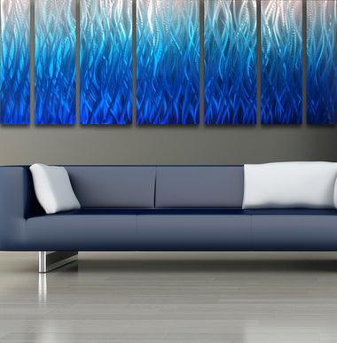 "Blue Flame" 68"x24" Large Modern Abstract Metal Wall Art Sculpture Blue