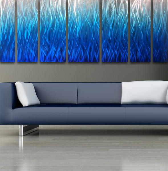 "Blue Flame" 68"x24" Large Modern Abstract Metal Wall Art Sculpture Blue