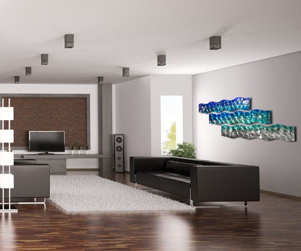 "Aqua Curves" 74" x 27" Large Blue Waves Modern Abstract Metal Wall Art Sculpture Painting