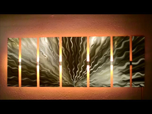 "Silver Vibration LED SP" - Abstract Metal Wall Art with Smartphone Controlled LED Infused Color Changing Lighting