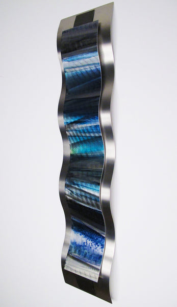 Blue metal art sculpture, left view