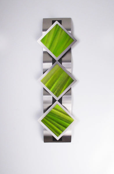 "T11P Reflections Series - Green Diamonds" 28"x8"x2" Aluminum Modern Abstract Metal Wall Art Sculpture