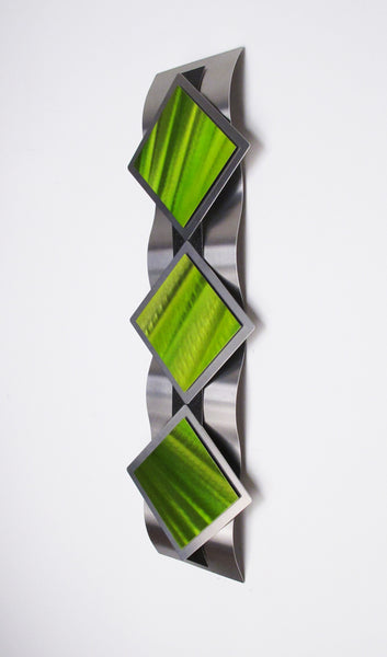 "T11P Reflections Series - Green Diamonds" 28"x8"x2" Aluminum Modern Abstract Metal Wall Art Sculpture