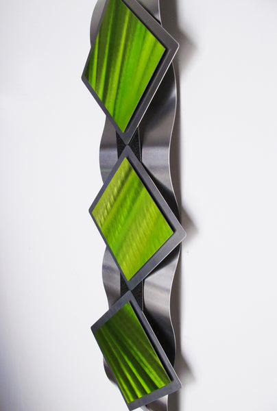 "T11P Reflections Series - Green Diamonds" 28"x8"x2" Aluminum Modern Abstract Metal Wall Art Sculpture