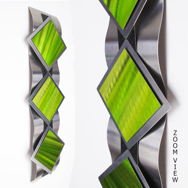 "T11P Reflections Series - Green Diamonds" 28"x8"x2" Aluminum Modern Abstract Metal Wall Art Sculpture