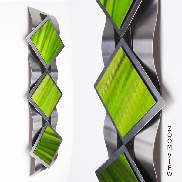 "T11P Reflections Series - Green Diamonds" 28"x8"x2" Aluminum Modern Abstract Metal Wall Art Sculpture
