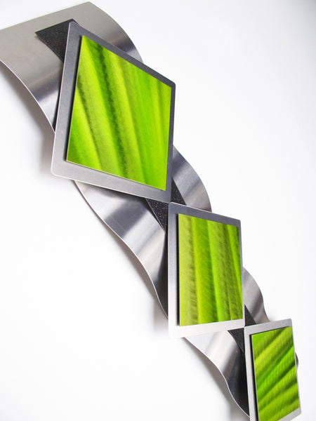 "T11P Reflections Series - Green Diamonds" 28"x8"x2" Aluminum Modern Abstract Metal Wall Art Sculpture