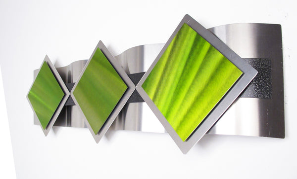 "T11P Reflections Series - Green Diamonds" 28"x8"x2" Aluminum Modern Abstract Metal Wall Art Sculpture