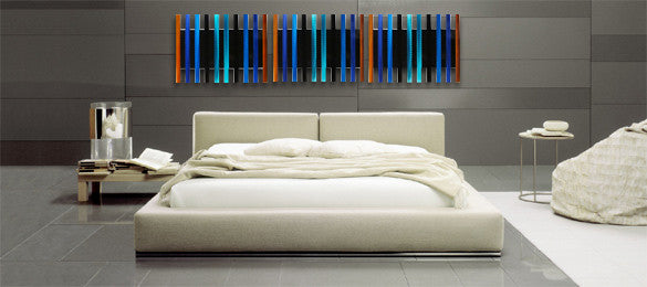 "Radiant Pulse - Blue / Orange"  " 60" x 28" x 2" " Large Metal Wall Sculpture