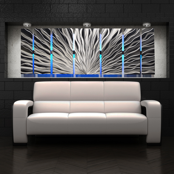 "Silver Vibration LED SP" - Abstract Metal Wall Art with Smartphone Controlled LED Infused Color Changing Lighting