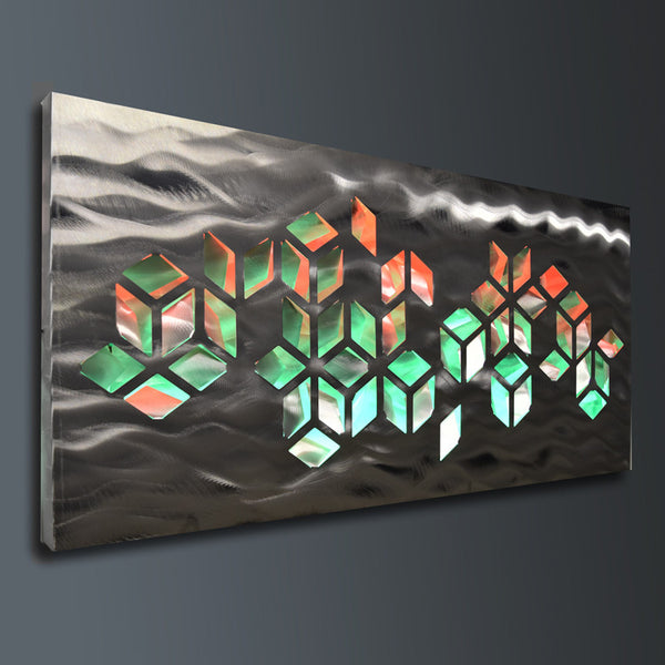 "Impulse" Large 46"x22" Abstract Geometric Design Metal Wall Art with LED Infused Color Changing Lighting  & Remote Control