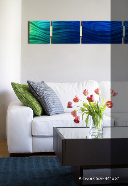 "B14P Ocean Mist" 44"x8" Ocean Blue / Green Aluminum Modern Abstract Metal Wall Art Sculpture