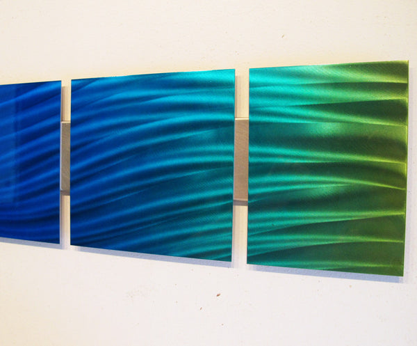 "B14P Ocean Mist" 44"x8" Ocean Blue / Green Aluminum Modern Abstract Metal Wall Art Sculpture