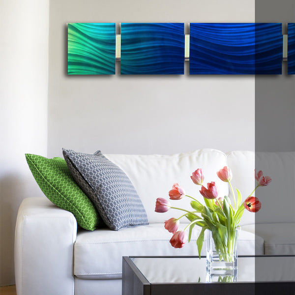 "B14P Ocean Mist" 44"x8" Ocean Blue / Green Aluminum Modern Abstract Metal Wall Art Sculpture